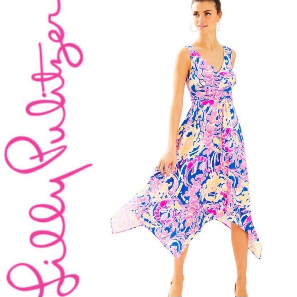 Lilly Pulitzer Pink Brilliant Blue Sloan Handkerchief Midi Dress Sundress Sz S